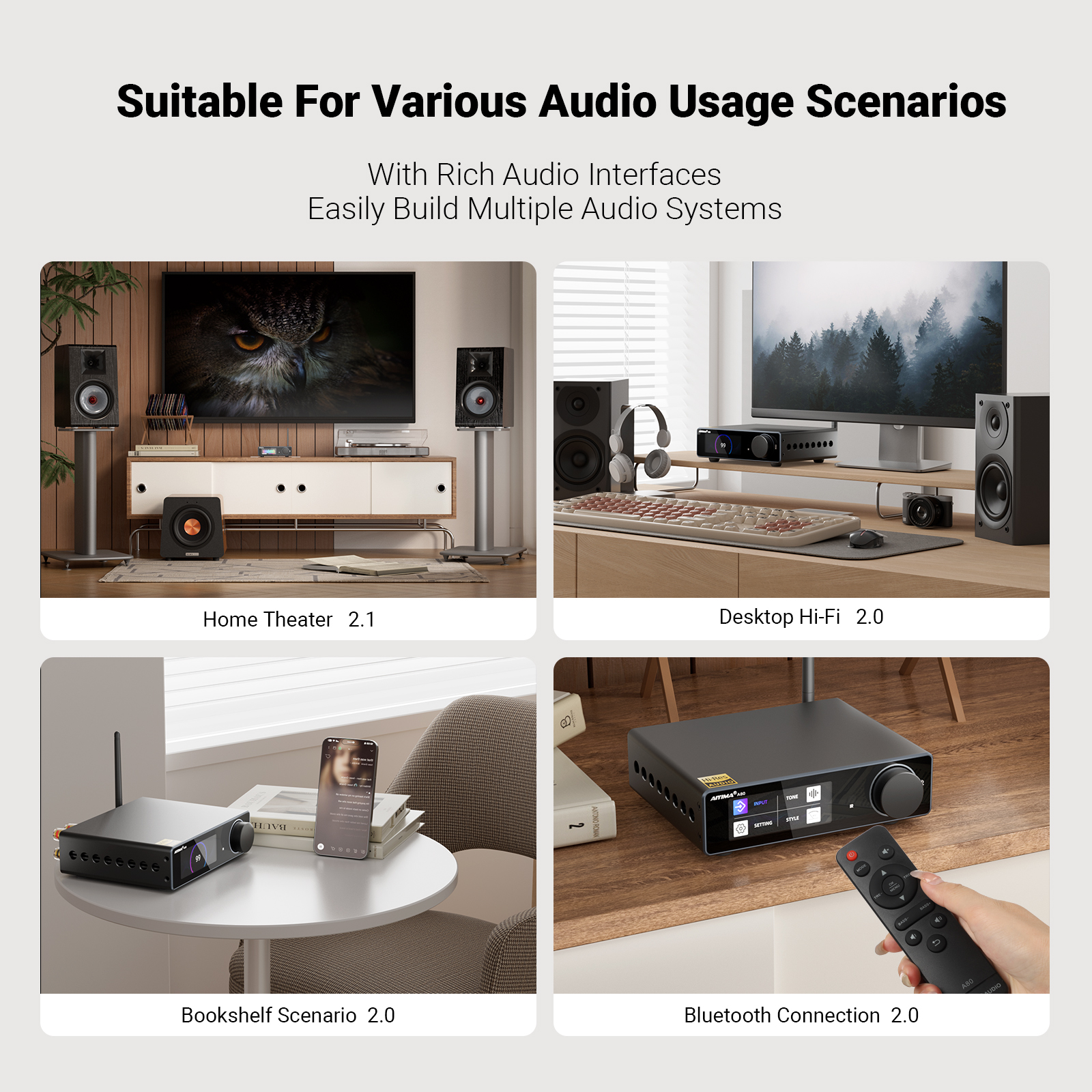 AIYIMA A80 TPA3255 PFFB Bluetooth DAC Stereo Power Amplifier 300Wx2 Class D 2.0 HiRes Digital Amp with RCA TRS OPT COA USB Input