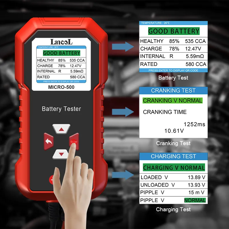 Lancol Micro 500 12V เครื่องทดสอบแบตเตอรี่ 40-3000 CCA แบตเตอรี่ลิเธียมทดสอบแบตเตอรี่เครื่องวิเคราะห์จอแสดงผล LED QR รหัส