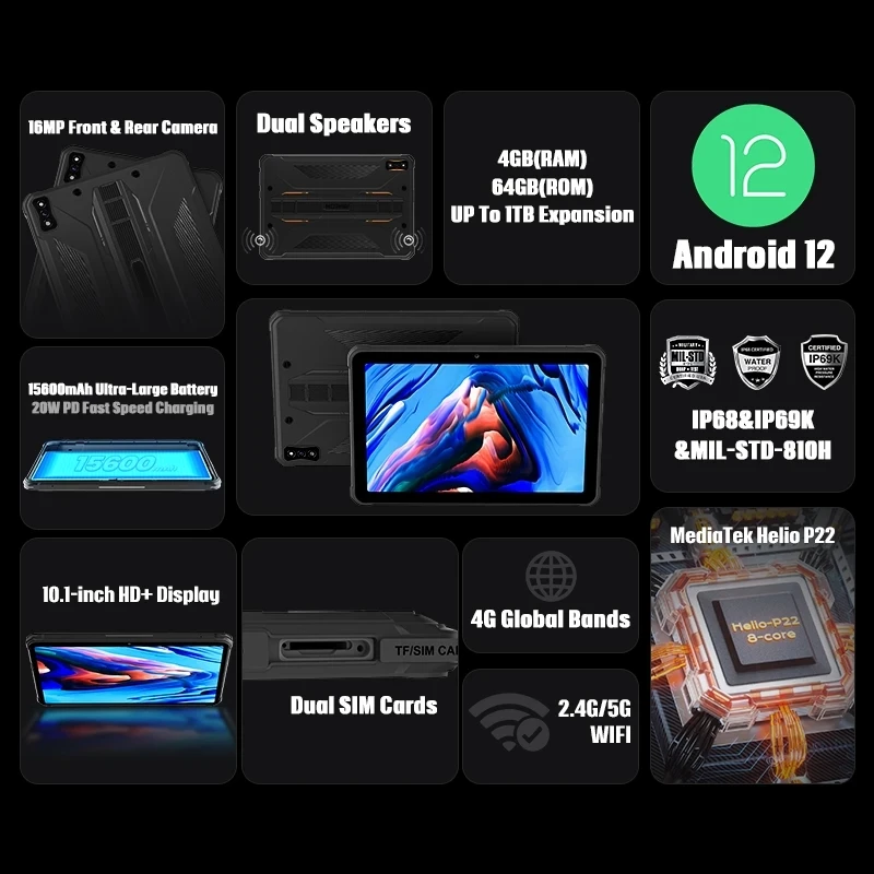 HOTWAV-R5 Robustes Tablet, Android 12, 15600 mAh, 10,1 Zoll HD, Mini-Pad, 4 GB 64 GB, Octa Core, 16 MP, Dual-SIM, GPS, globale Version