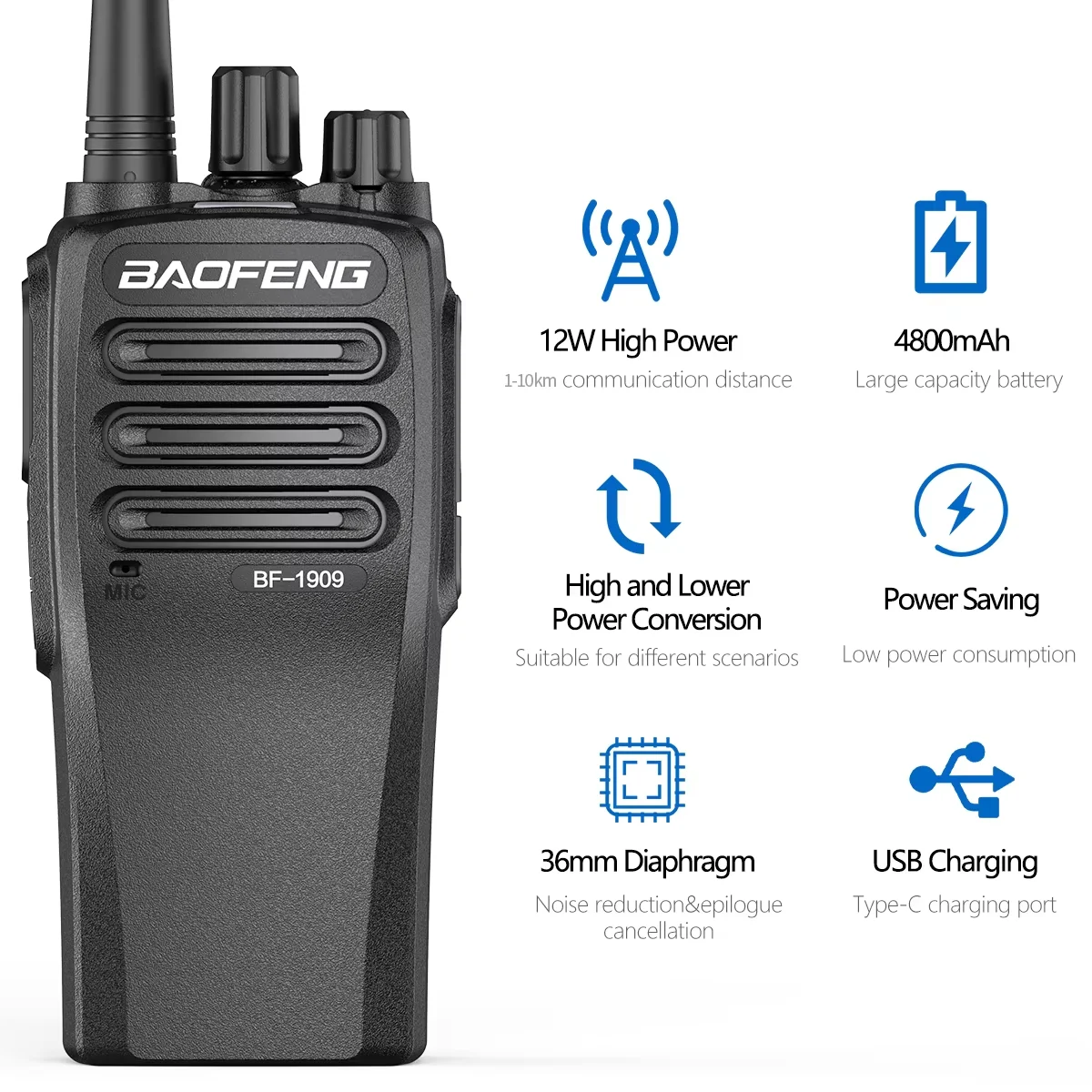 BaoFeng BF-1909 Walkie Talkie  Long Range 12W Type C charging Long Range Portable Larger  for BF888S UV-5R UV-21 Ham Radio