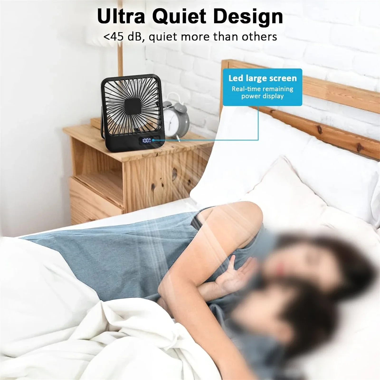 Ventilador de mesa recarregável USB portátil ultra silencioso com display de energia 180 °   Ventilador pessoal dobrável de 5 velocidades com inclinação