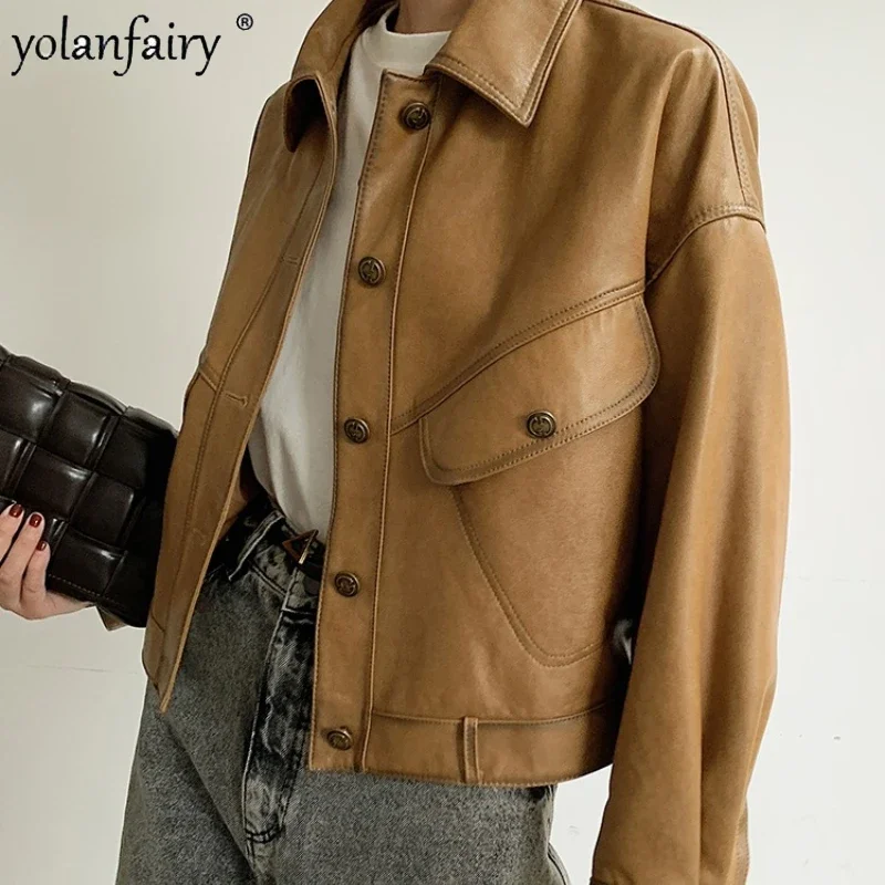 Chaqueta de cuero Natural para mujer, ropa de cuero genuino para motocicleta, abrigos de piel de oveja pura, solapa negra, Tops sueltos, 23
