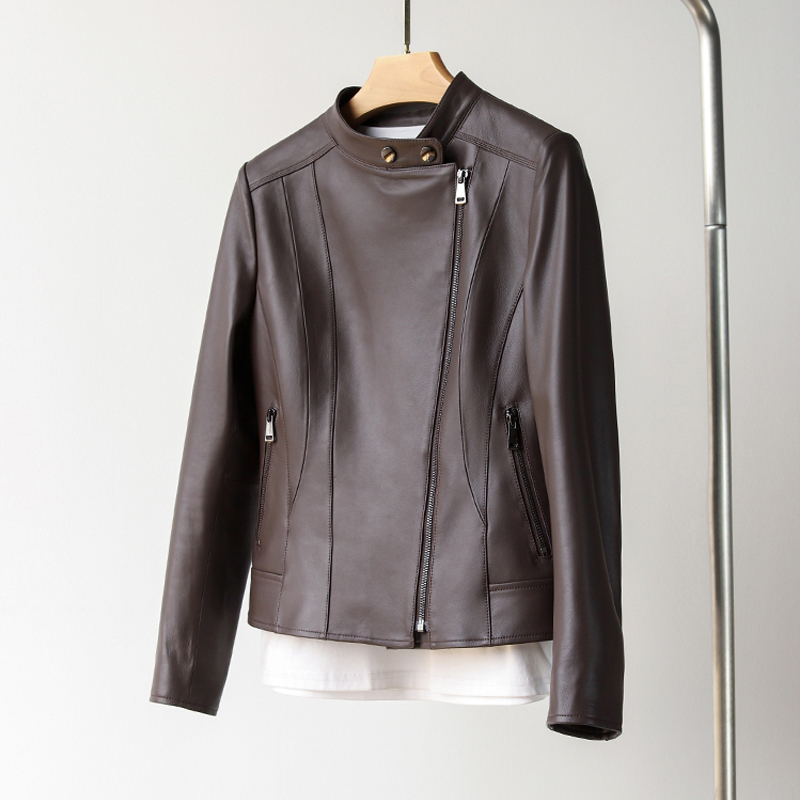 100% เสื้อแจ็คเก็ตหนังแท้ผู้หญิง 2024 ฤดูใบไม้ร่วงแฟชั่นStand Collar Fit-Slim Diagonal ZipperหญิงสีดําSheepskinสั้นเสื้อ