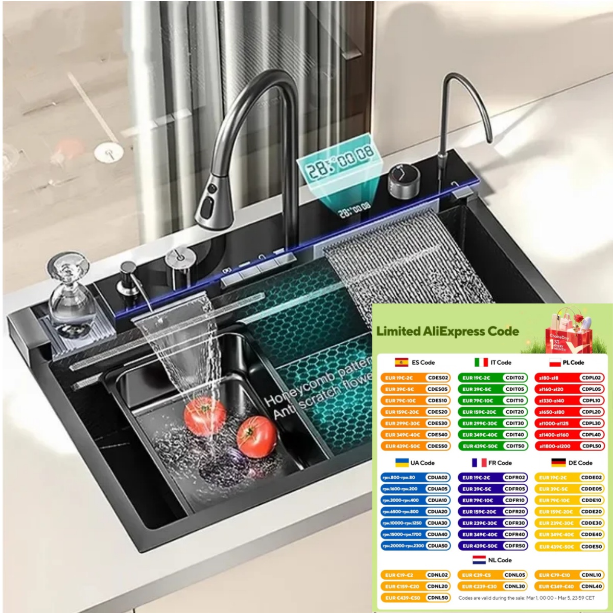 Juego de fregadero de cascada con pantalla Digital de acero inoxidable Nano 304, grifo integrado multifuncional para lavado de verduras en la piscina, lavabo de ballena