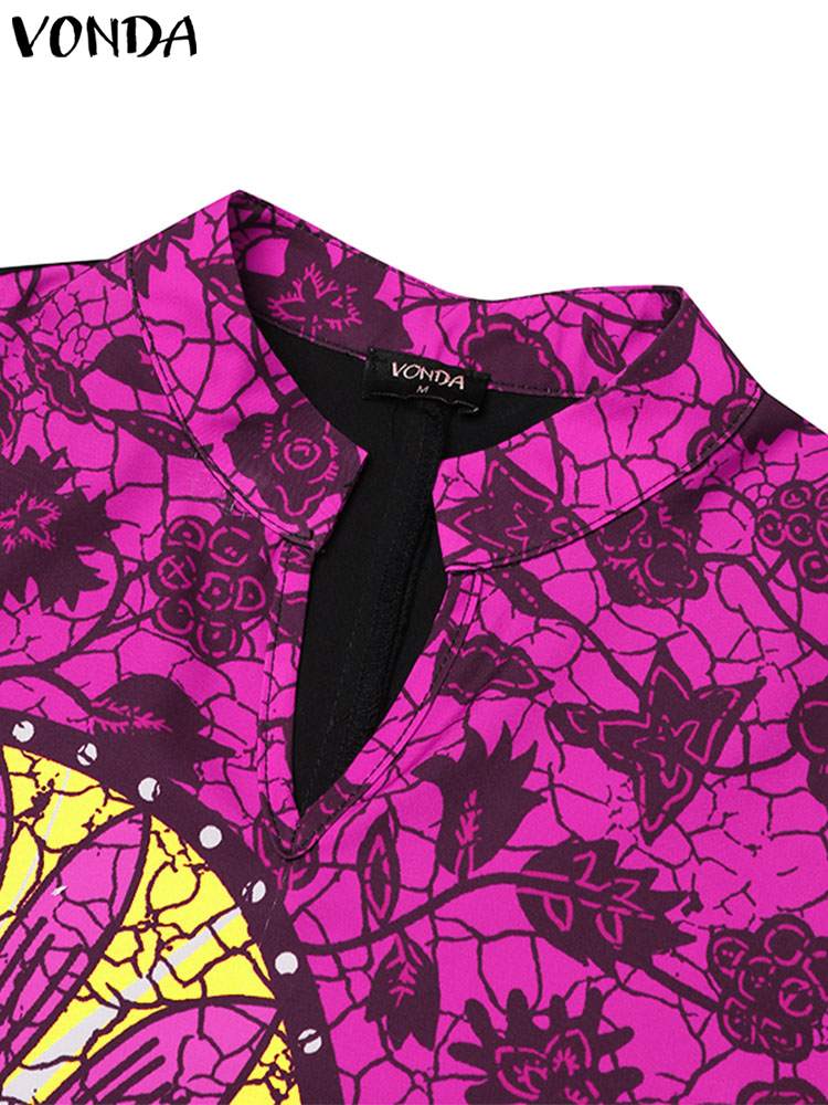 VONDA-女性のボヘミアンプリントのミニドレス,膝丈,長いパフスリーブ,ヴィンテージのイブニングドレス,大きいサイズ,2024