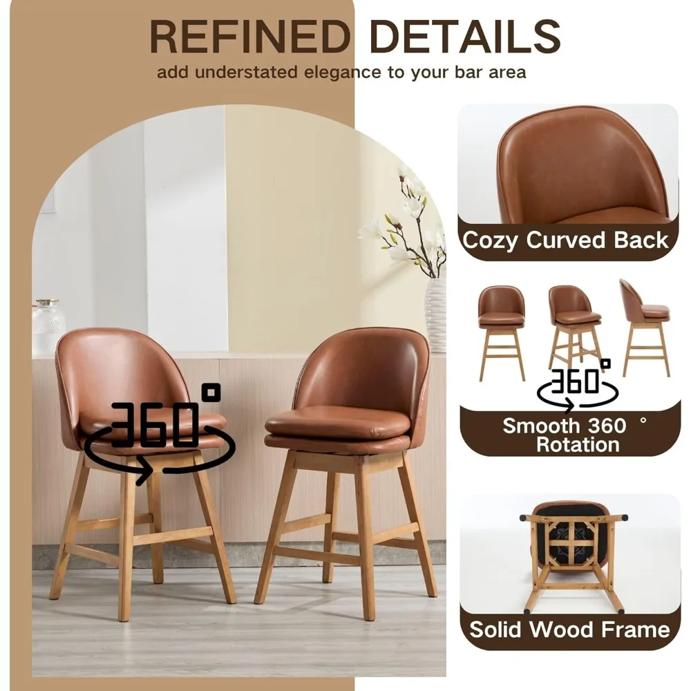 Counter Height Bar Stools Set of 2, Faux Leather Fabric Upholstered Swivel Barstools with Solid Wood Legs & Double-Padded Seat