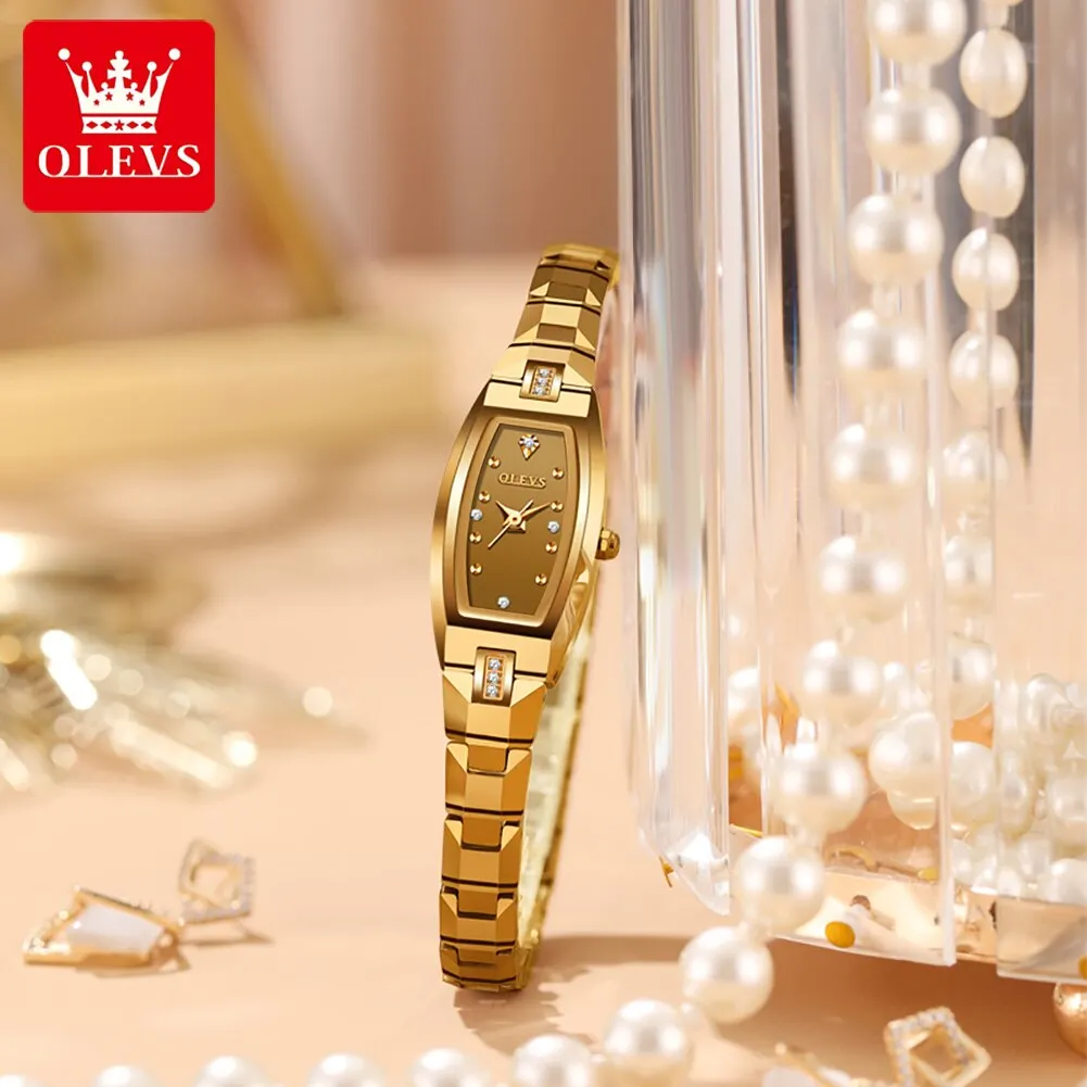 OLEVS นาฬิกาบางเฉียบสำหรับผู้หญิงหรูหราสายเหล็กทังสเตนรูปทรงสี่เหลี่ยมนาฬิกาควอตซ์เพชรสง่างาม