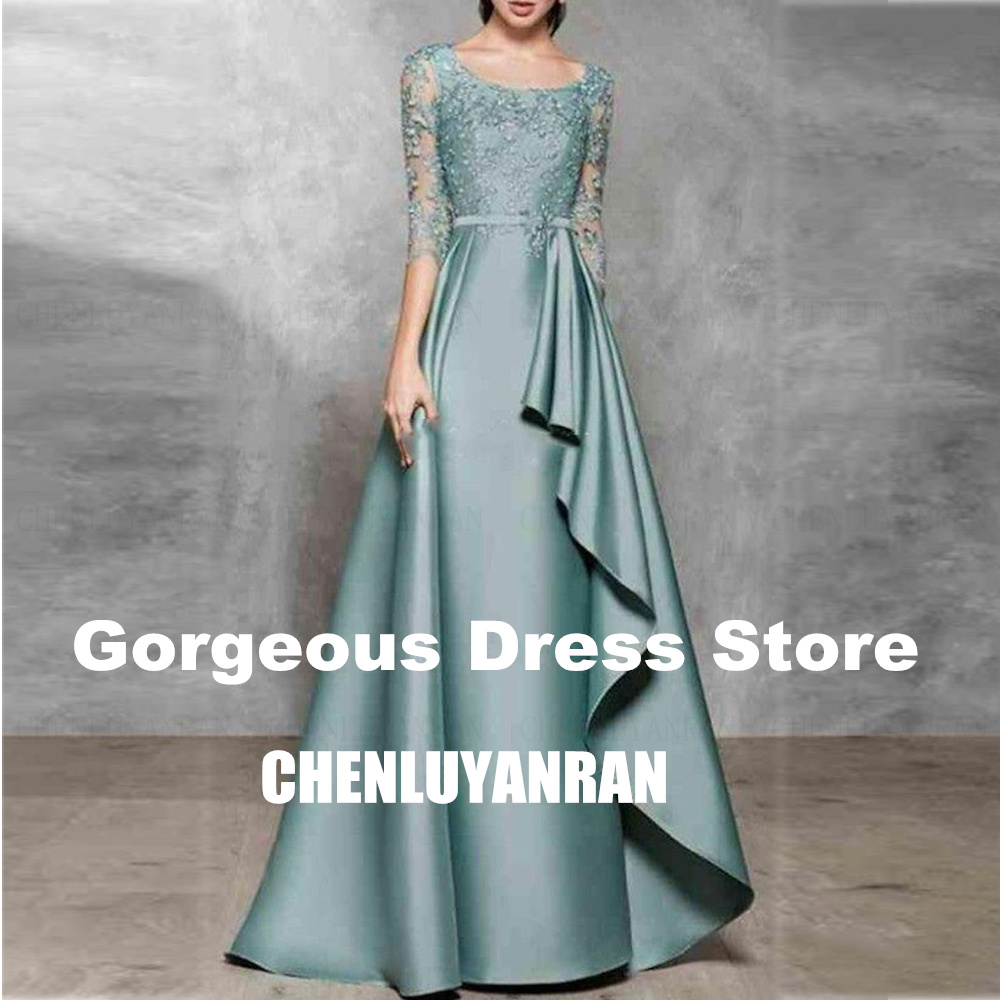 Einfaches Satin-Kleid für die Brautmutter, O-Ausschnitt, 3/4-Ärmel, A-Linie, Hochzeits-Party-Kleider, Applikationskleid, Hochzeit, Party, GDS 980017