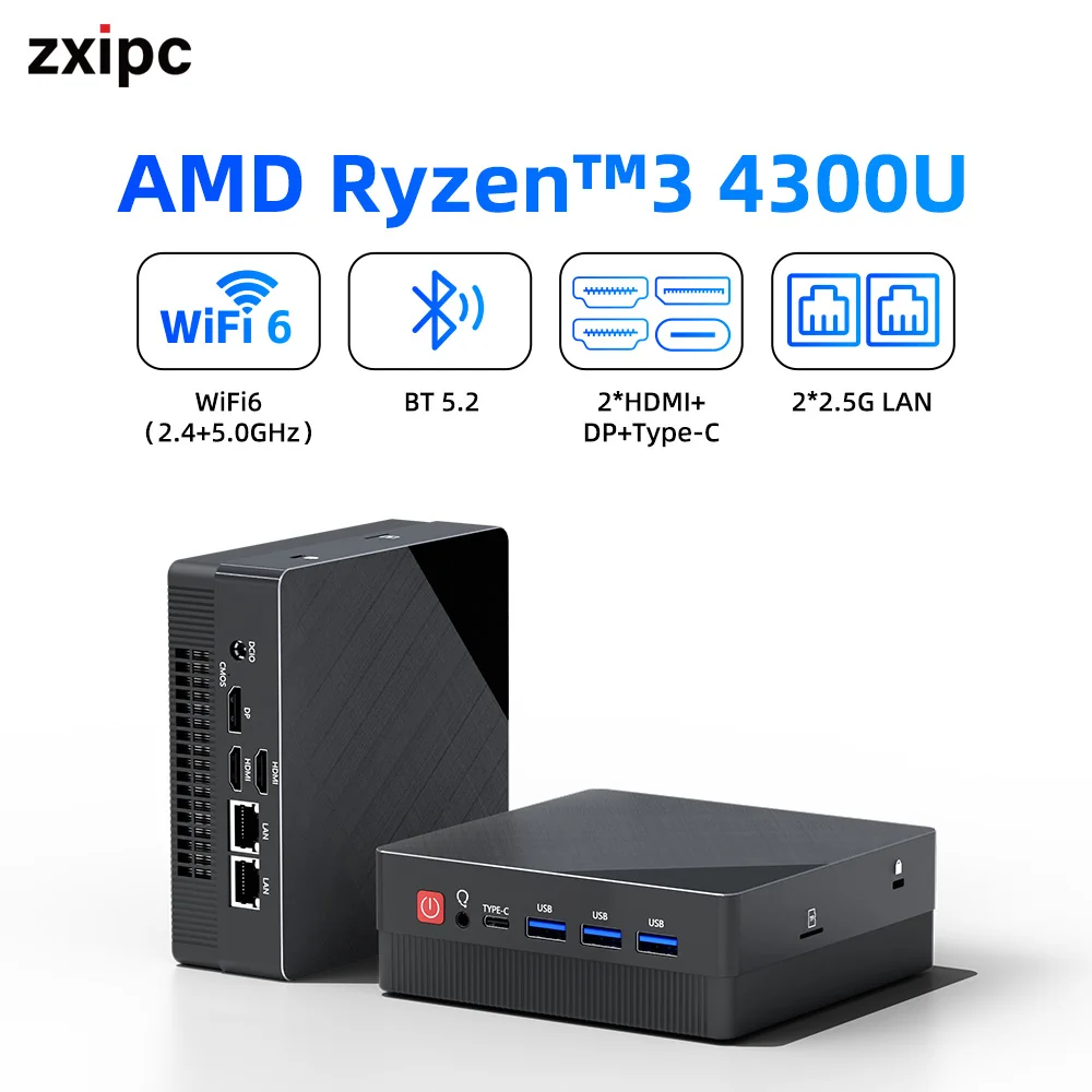 ZXIPC Ryzen 3 4300U New Mini PC Windows 11 Pro 32GB 1TB DDR4  WIFI6 BT5.2 Dual Channel Desktop PC for Office Gaming