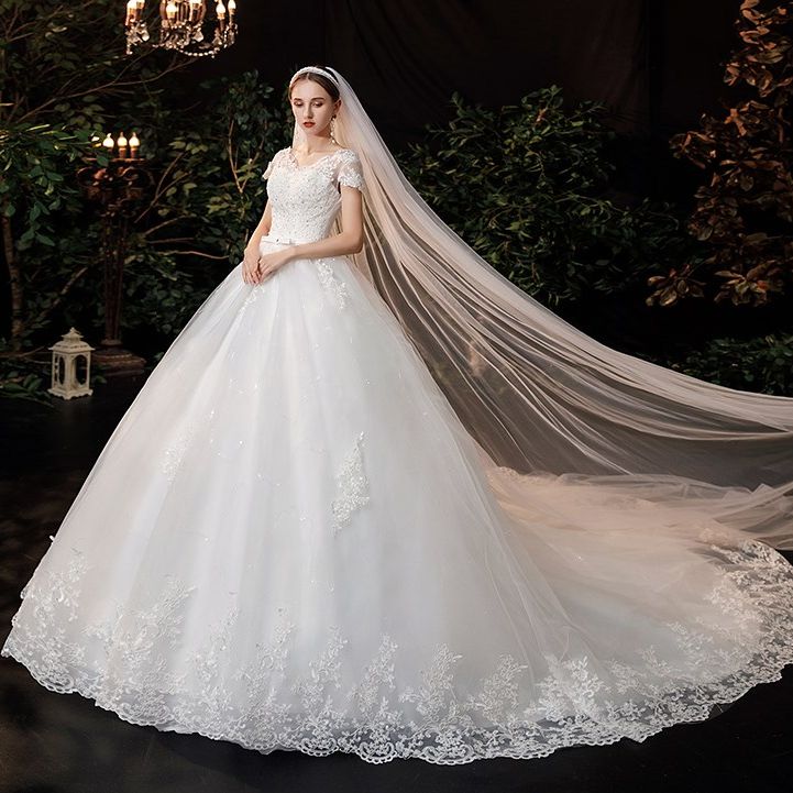 2022 abiti da sposa di lusso con scollo a V in pizzo abiti da sposa manica corta principessa illusione Applique abiti da sposa Casamento
