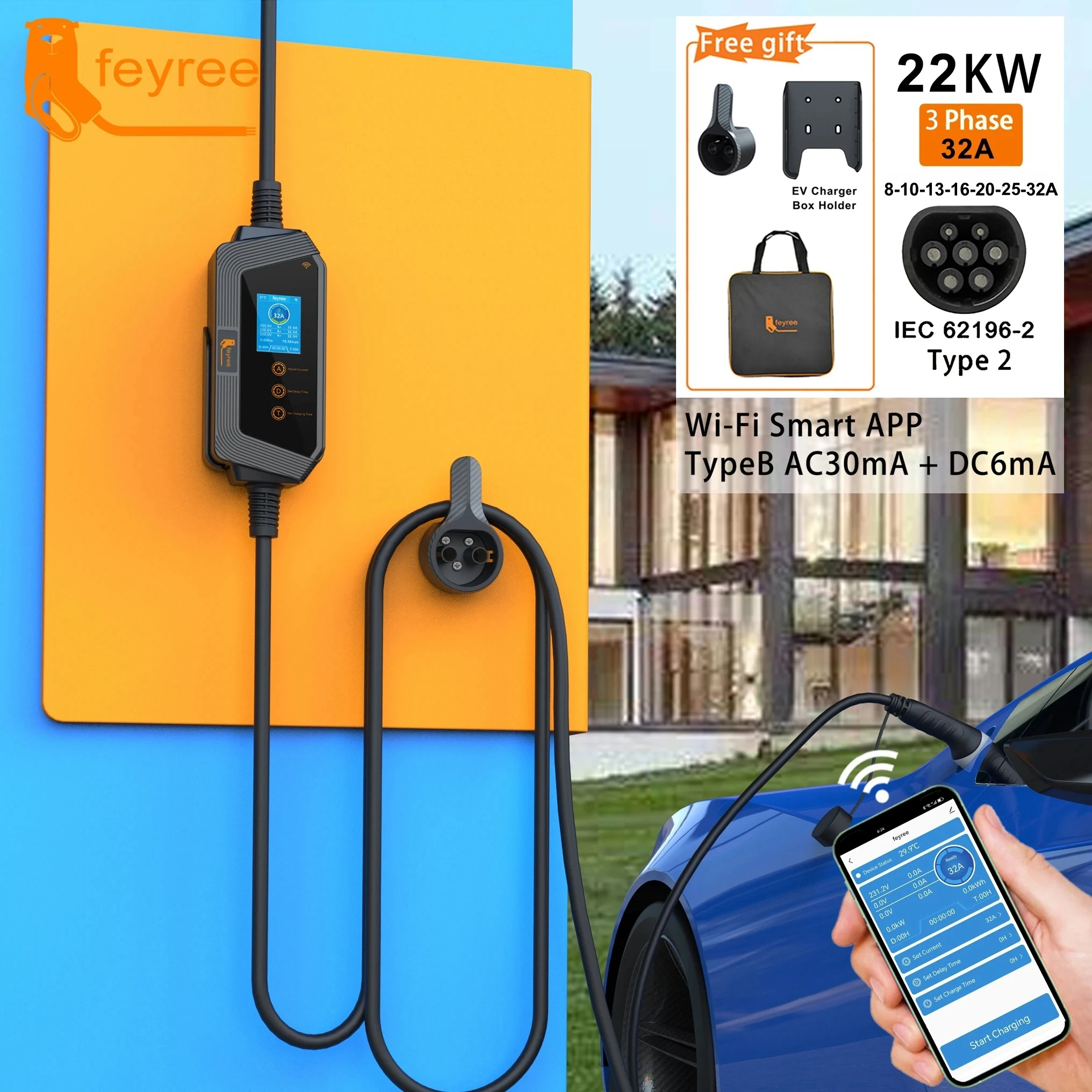 Feyree 22KW 32A 3 fases Type2 cargador EV portátil Wi-Fi APP Control EVSE caja de carga estación de carga para cargador de coche eléctrico