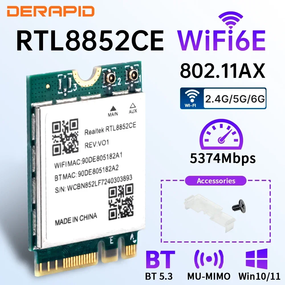 Трехдиапазонный адаптер Wi-Fi 6E Bluetooth 5.3, 5400 Мбит/с, приемная карта беспроводного сигнала NGFF M.2 для Windows 10/11 RTL8852CE, как AX210