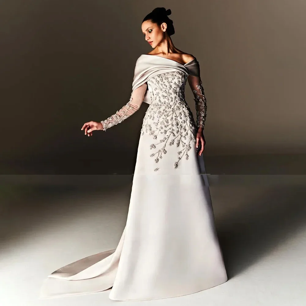 Vestidos de Noche personalizados, apliques de cuentas con hombros descubiertos, vestidos de noche color champán claro, mangas largas, línea A, formales para mujer