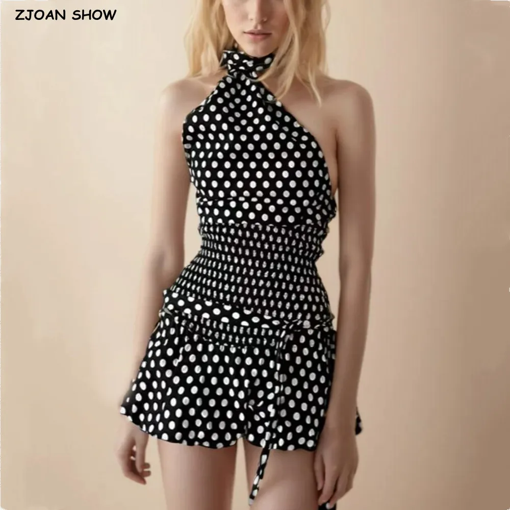 2025 Sexy Black White Polka Dot Halter Tank Top + Tie Bow Sashes Elastic Waist Ruched Ball Gown BUD Mini Skirt 2 Pieces 1 Set