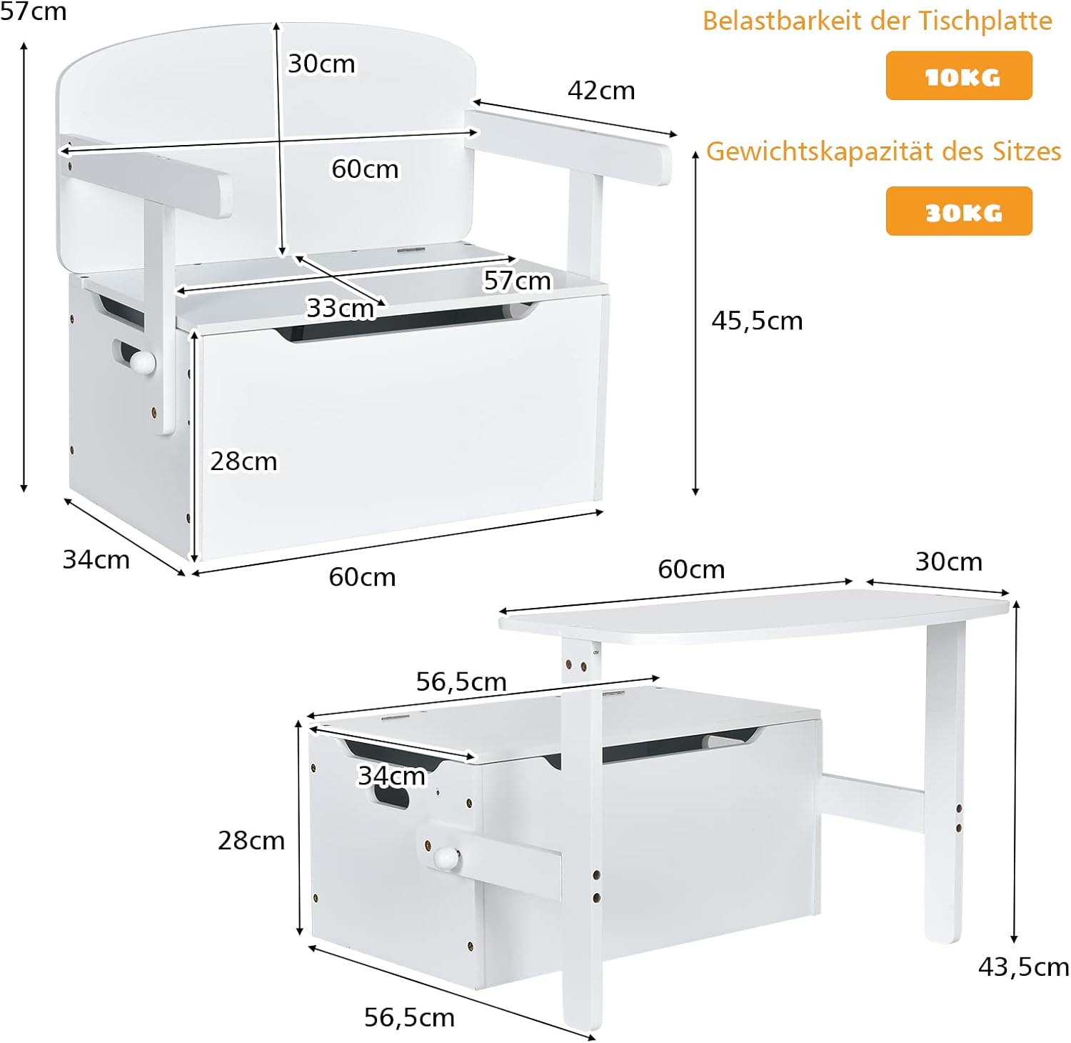 3-in-1-Kindertisch mit Bank, Sitzgarnitur mit Stauraum und Decke, von 3 bis 7 Jahren, 60 x 34 x 57 cm (weiß)