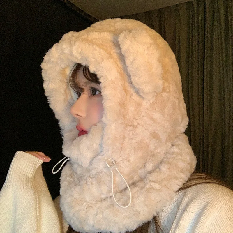 Gorro cálido de invierno para mujer, conjuntos de bufanda de felpa gruesa todo en uno, gorro con orejas de oso Kawaii, bufanda a prueba de viento, gorro con capucha y protección para los oídos