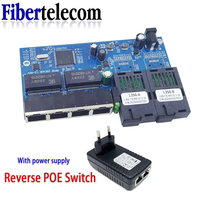 Reverse POE switch 4RJ45 2 fiber 2F4GE Gigabit Ethernet switch media converter Fiber Optical UTP Port 10/100/1000M PCBA