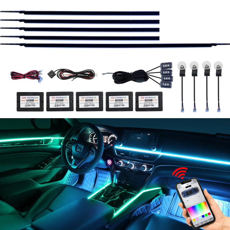 Luzes ambientais led rgb 64 cores interior do carro escondido tira acrílica néon atmosfera luz painel porta lâmpadas decorativas app cont