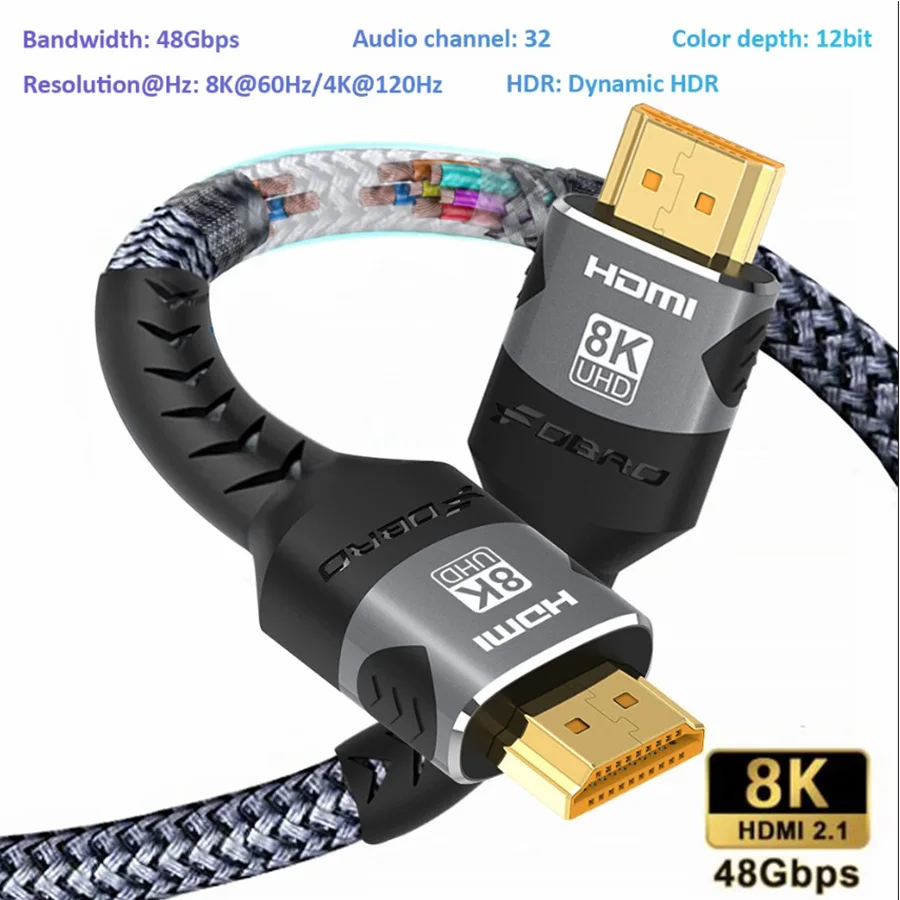 Cable HDMI 8K 2.1 Cable trenzado HDMI de alta velocidad 48Gbps-4K@120Hz 8K@60Hz, DTS:X, HDCP 2.2 y 2.3, HDR 10 para computadora portátil compatible/PS5