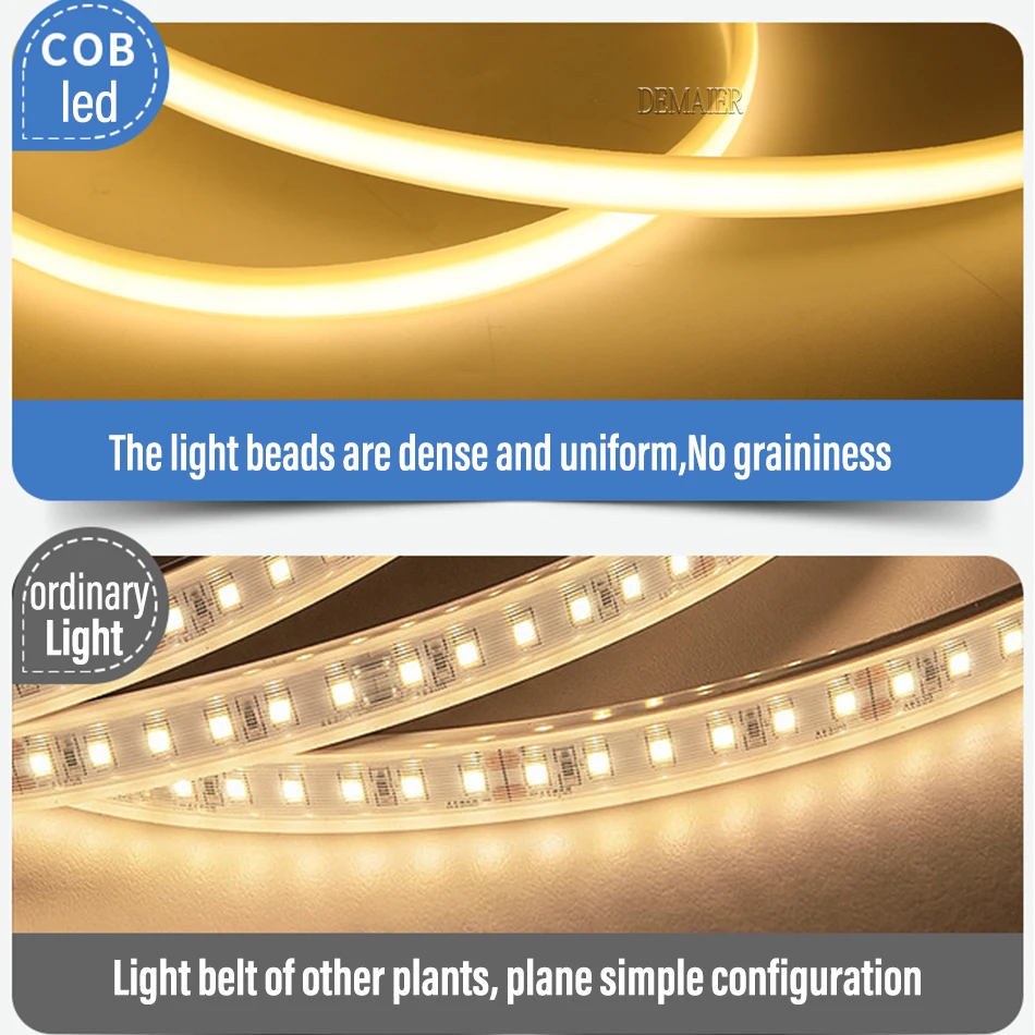 Tira de luces LED COB con enchufe europeo de 220V, 360LEDs/m, RA90, lámpara LED Flexible Streifen para exteriores, cinta impermeable, decoración de cocina y habitación del hogar