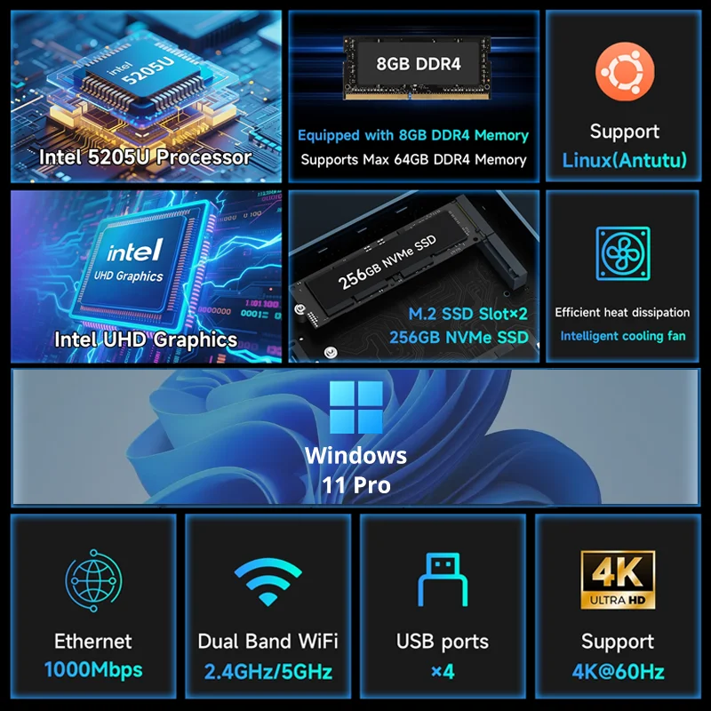 Bmax B2 Power Neuer Mini-PC Windows 11-PC HDMI Intel 5205U 8 GB RAM 256 GB SSD Intel UHD Graphics Wifi Bluetooth