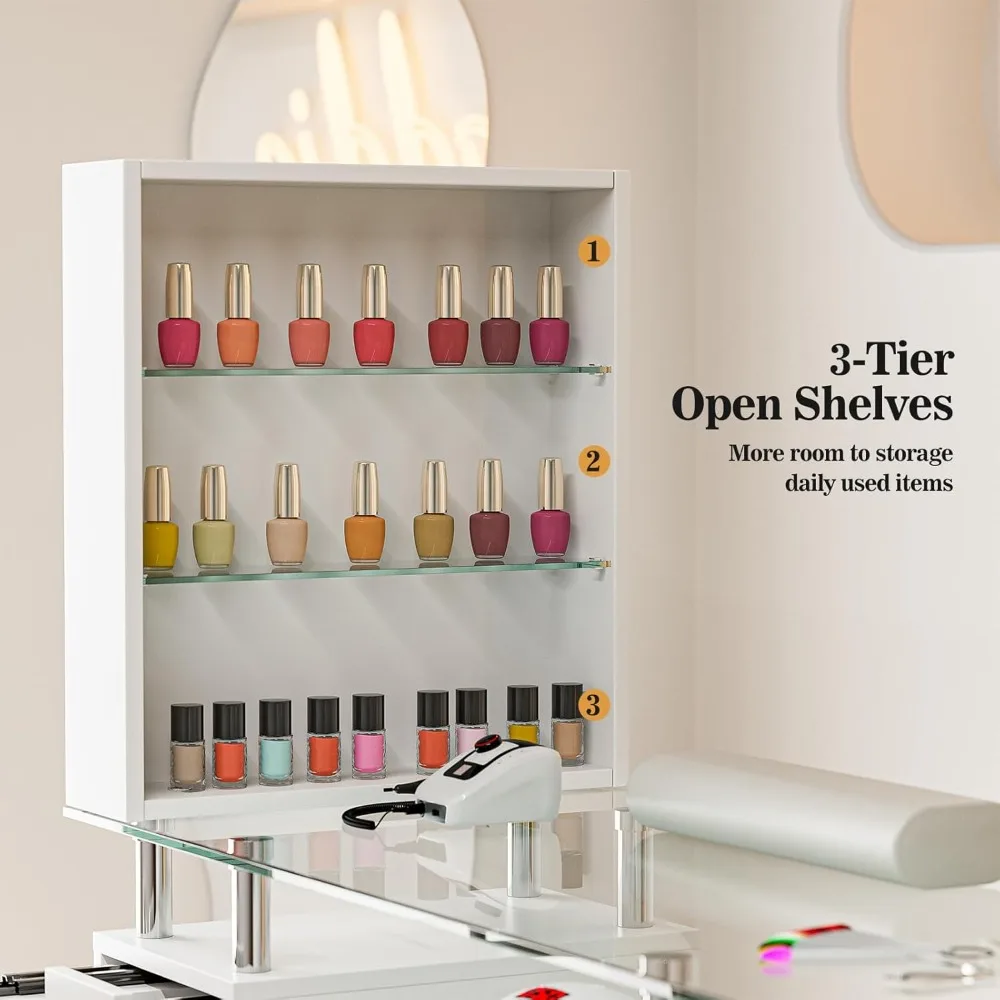 Manicure Table Nail Desk for Nail Tech, Glass Top Nail Table Station Acetone Resistant w/Storage Drawers & Open Shelves