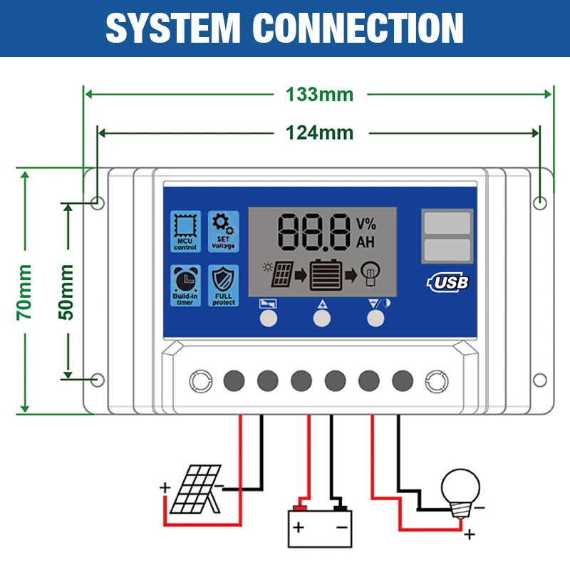 60A PWM Solar Charge Controller 12V 24V with LCD Display Dual USB Voltage Regulator for Solar Panel Photovoltaic Home System