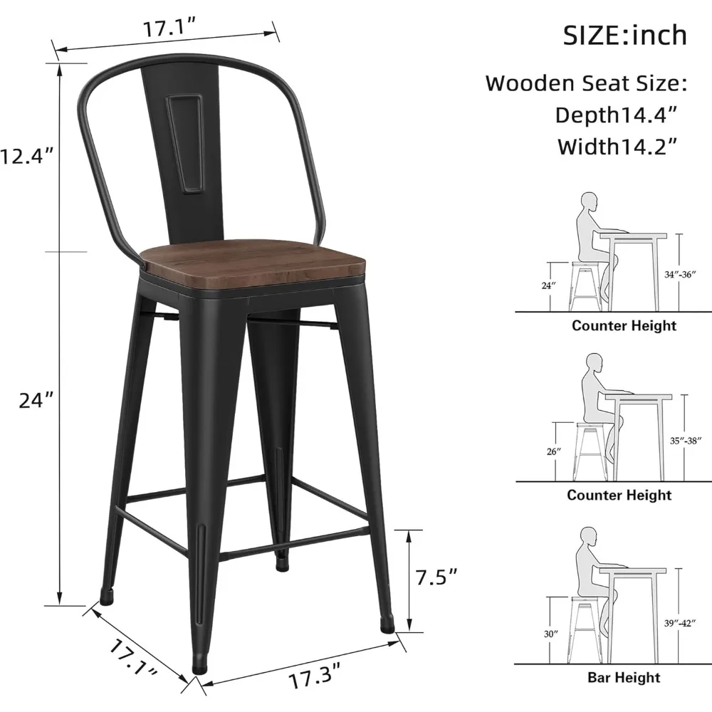 Barstools Set of 4 Counter Height Bar Stools for Kitchen Island Farmhouse Metal High Back Bar Chairs Wooden Seat 24" Matte Black