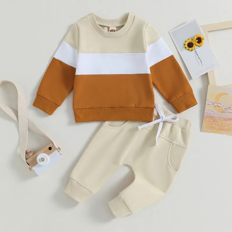 Set di pantaloni per neonato appena nato Vestiti autunnali Completi da 2 pezzi Felpa a maniche lunghe in colore a contrasto e pantaloni elastici Articoli per bambini