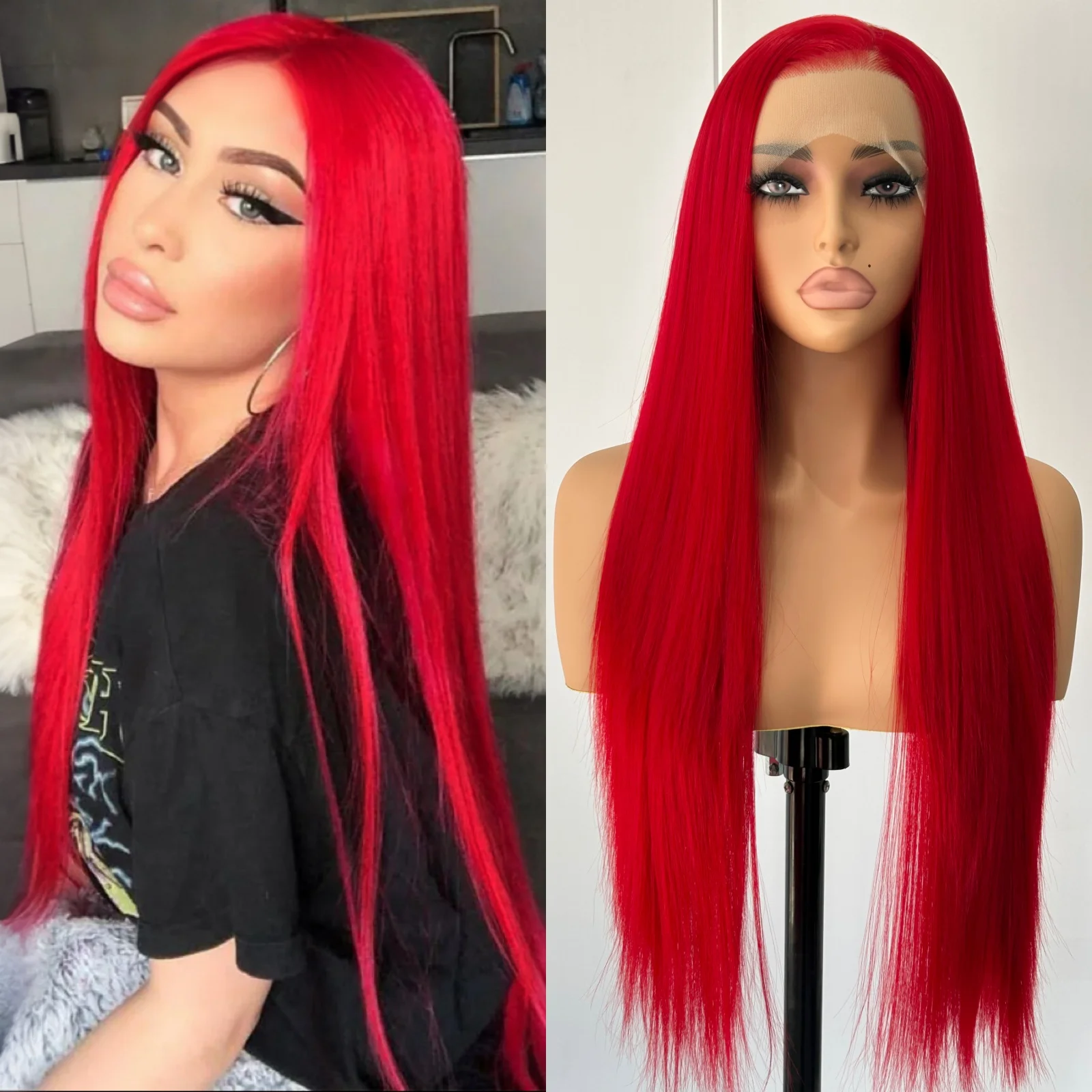 13X4 Burgunderrote Perücke, lange gerade synthetische Spitze-Front-Perücke, dunkles Weinfarbenes Haar, Spitze-Frontal-Perücken für Frauen, Party, Cosplay