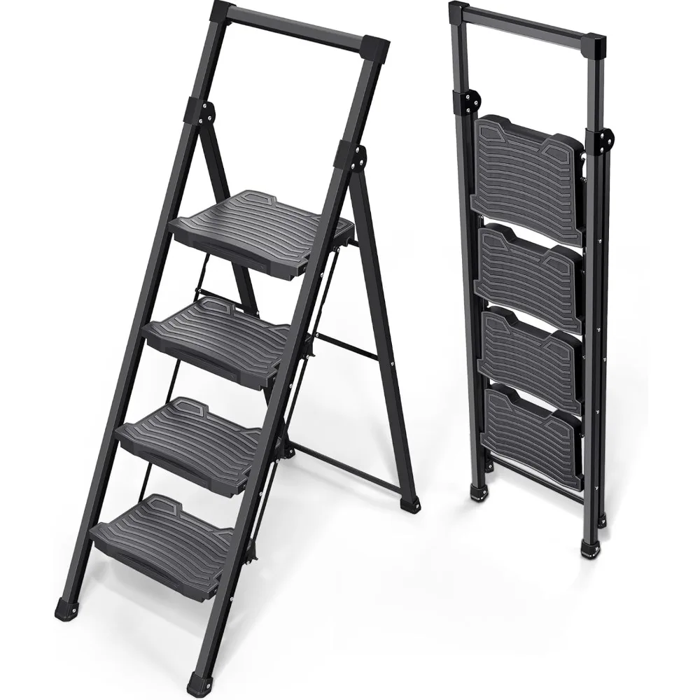 Step Ladder 4 Step Folding, 900lbs 4 Step Ladder with Anti-Slip Wide Pedal and Handrails, Lightwight Household Ladder