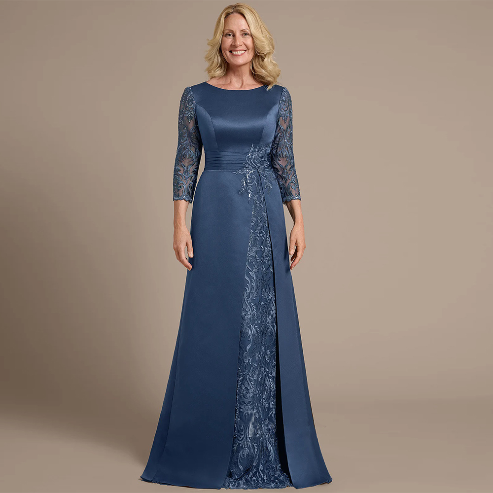 Spitze Satin Mutter der Braut Kleid Tintenblau Maßgeschneiderte 3/4 Ärmel Pailletten Applikation Abendkleid Mutter Hochzeit Party Kleider