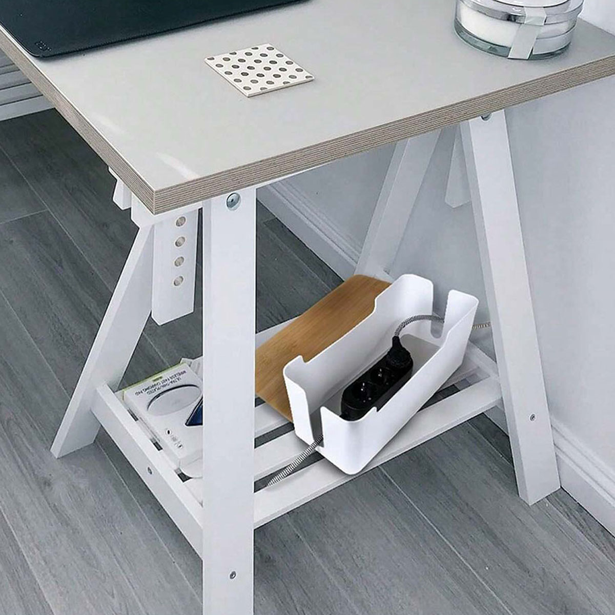 Caja de gestión de cables con tapa de bambú para cable de extensión, Protector contra sobretensiones, corrector de cables, organizador, cubierta ocultadora