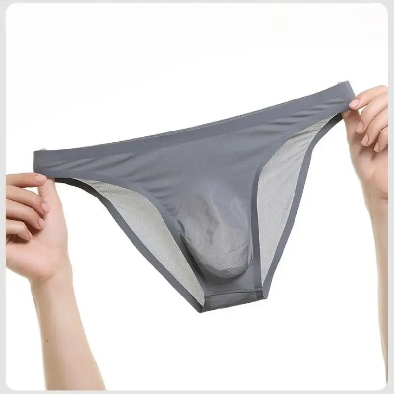 メンズ超薄型透明下着、アイスシルク、シームレスブリーフ、通気性パンティー、ポケットビキニ、セクシーなjockstrap