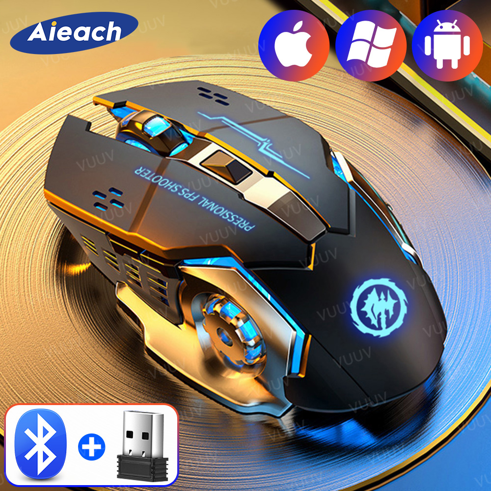 AIEACH-ratón inalámbrico recargable con Bluetooth para videojuegos, Mouse mecánico USB con retroiluminación para deportes electrónicos, PC, Gamer