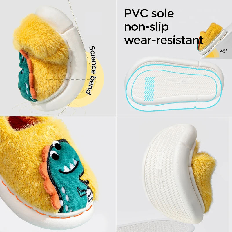 เด็กการ์ตูนไดโนเสาร์เย็บปักถักร้อยรองเท้าแตะ Plush Soft Sole Non-SLIP ฤดูหนาว WARM ชายหญิงในร่มบ้าน Heel Wrap รองเท้าผ้าฝ้าย