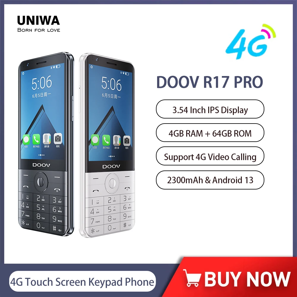 UNIWA DOOV R17 Pro Smart Touch Screen 4G Mobile Phone Whatsapp Android 13 Keypad Phones 3.54" 4GB 64GB 2300mAh Hebrew keyboard