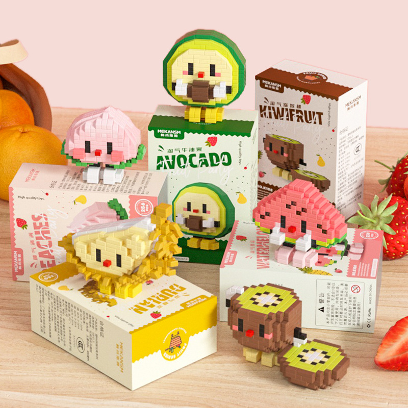 子供のためのクリエイティブなビルディングブロック、パズル組み立てスイカドリアン、アボカド、デスクトップ、漫画人形の装飾品、DIYおもちゃギフト