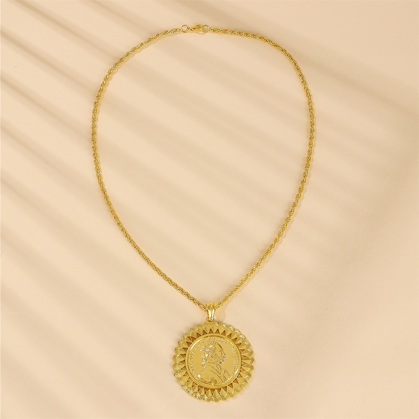 Pingente de metal em forma de girassol francês vintage, colar torcido com padrão de cabeça de Napoleão LII, acessório de casamento de noiva