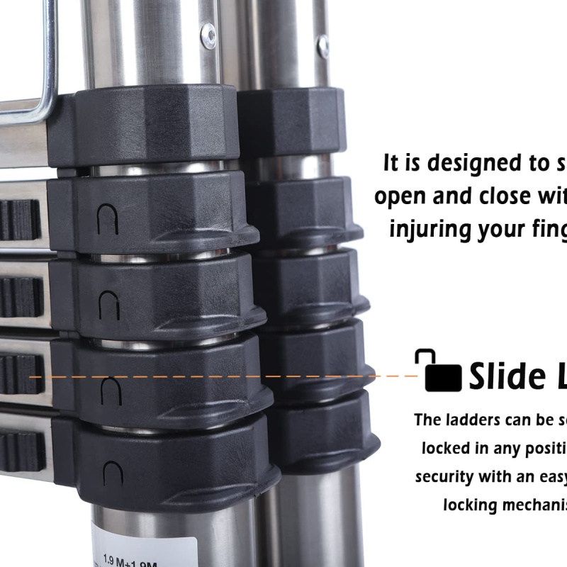 Escalera Extensible Acero Inoxidable 3.8m/5m, Carga 150kg, Antideslizante Estable con Estabilizadores para Ático, Hogar, Uso Comercial - Garantía