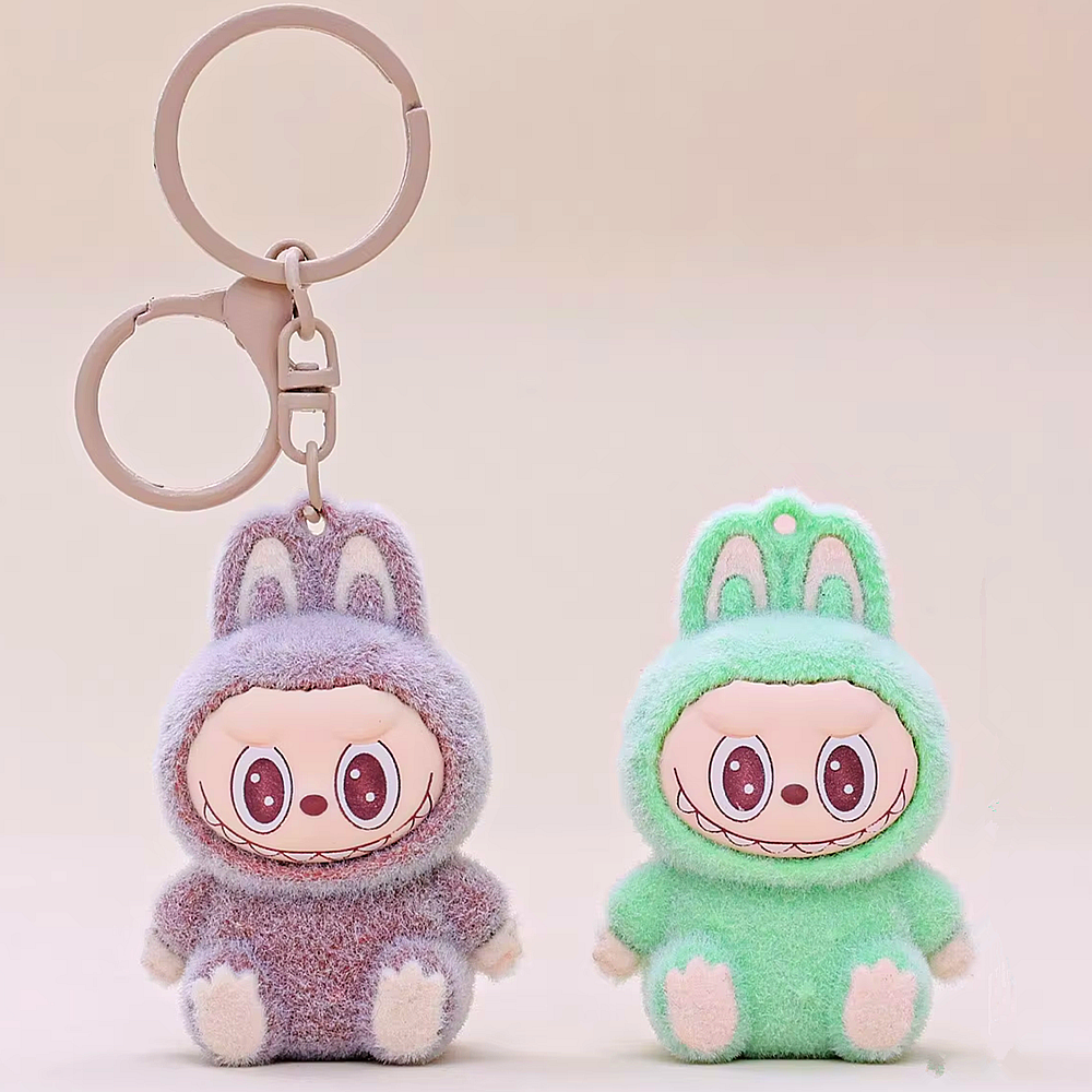 Bonito labubu boneca pingente chaveiro requintado boneca fluff pvc brinquedo telefone ornamentos saco encantos chaveiro do carro kawaii acessórios presentes