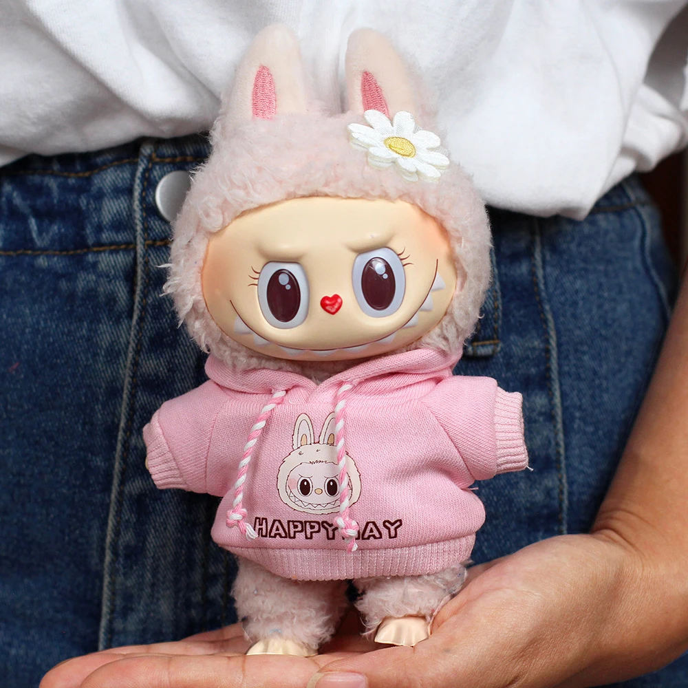 Para ropa de Labubu, accesorios de atuendo, Mini muñeca de 17cm, sudadera de ídolo Labubu II, Sudadera con capucha con batido de corazón, conjunto de pantalones vaqueros, ropa