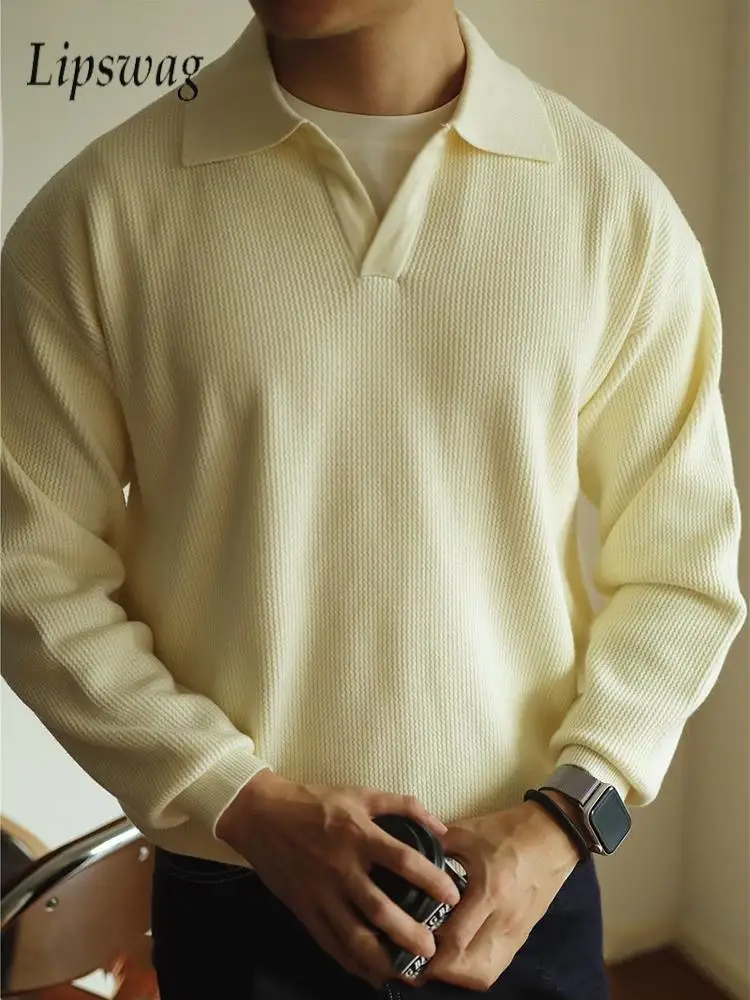 Casual Strickwaren Herren Polo Shirt Gestrickte Lange Hülse Drehen-unten Kragen Pullover Männer Freizeit Einfarbig Jumper Tops männer Pullover