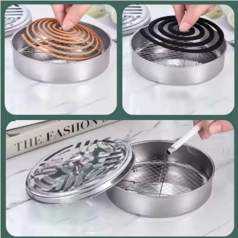 Soporte para bobinas de mosquitos, caja de bobina para mosquitos de acero inoxidable con cubierta, bandeja redonda para bobina de mosquitos, suministros antimosquitos fáciles de limpiar