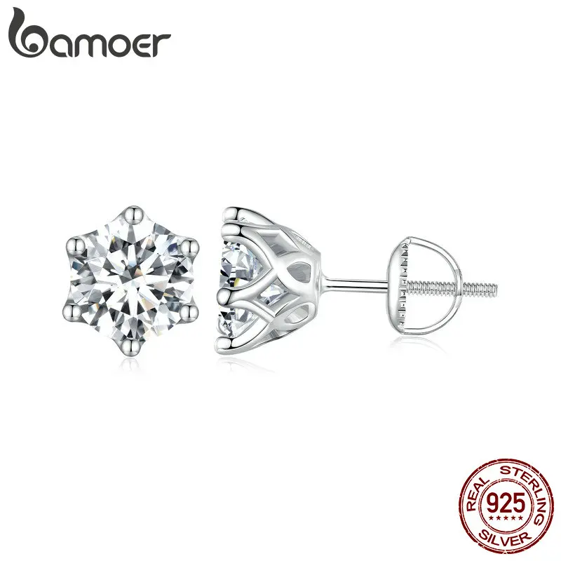 Bamoer Mạ 1.0 CT D Màu VVS1 EX Moissanite S925 Bông Tai Đinh Rực Rỡ Tròn Cắt Phòng Kim Cương Mạ Bạch Kim Bông Tai Cho phụ Nữ