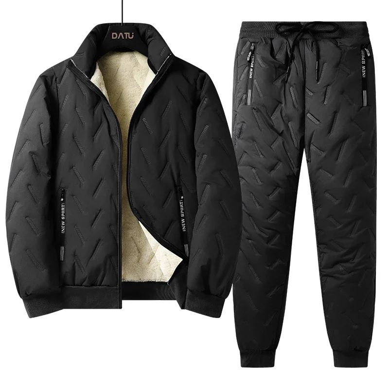 7XL Parka Jacket Sets Men Winter Tracksuit Thick Warm Lamb Woolen Fleece Lined 2 Piece Set Jacket + Pants Sportswear Sweat Suits