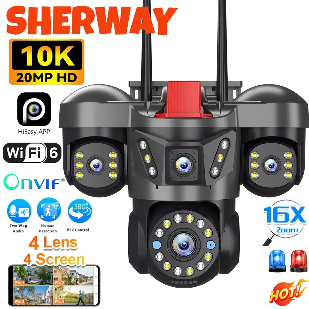 10K 20MP UHD Cámara IP WiFi para exteriores cuatro lentes cuatro pantallas 360 °   Cámara de seguridad PTZ con zoom 16X, seguimiento automático, vigilancia inalámbrica CCTV