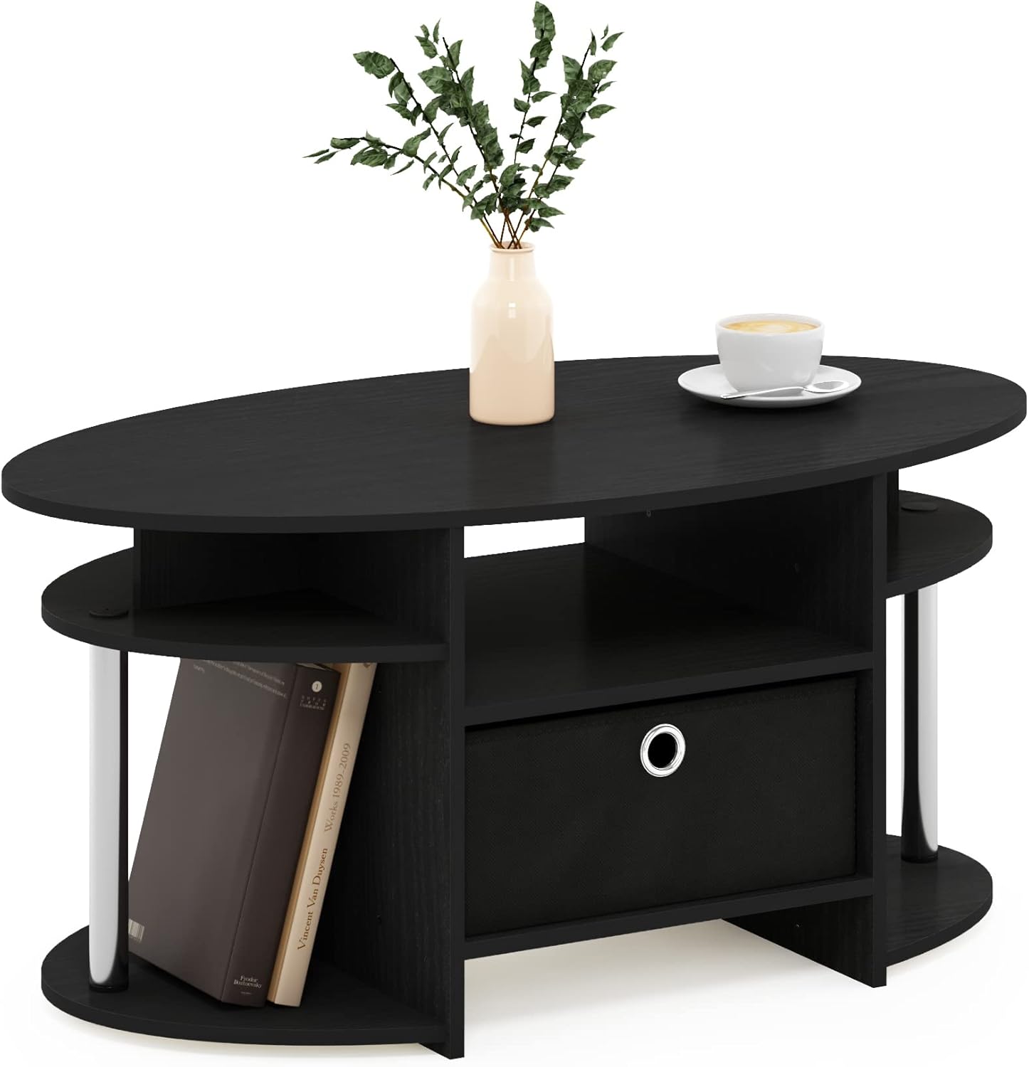 Simple Design Oval Coffee Table with Bin, Americano, Stainless Steel Tubes