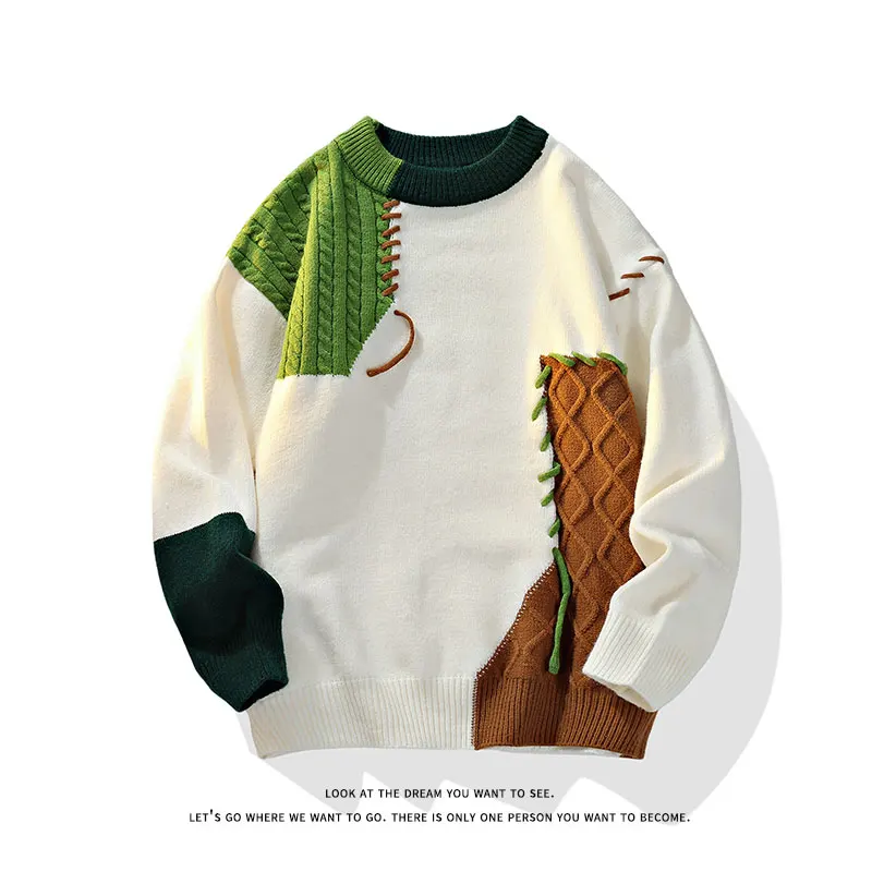 2025 outono inverno quente masculino suéteres estilo coreano retalhos pullovers em torno do pescoço camisola de malha das mulheres dos homens moda malhas