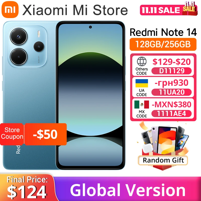 【월드 프리미어】글로벌 버전 Xiaomi Redmi Note 14 MediaTek Helio G99-Ultra 108MP AI 카메라 5500mAh 6.67" AMOLED 120Hz 디스플레이